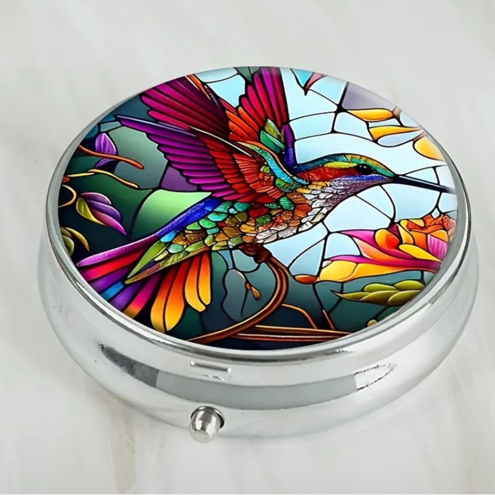 Multicolor hummingbird metal round travel pill box three compartments cute gift